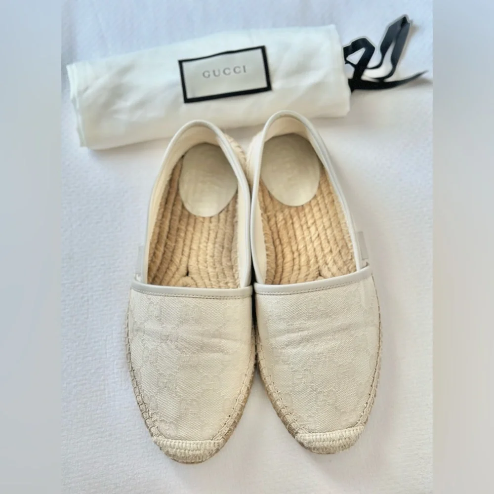 Gucci GG Canvas Leather Trim Embellishment Espadrilles